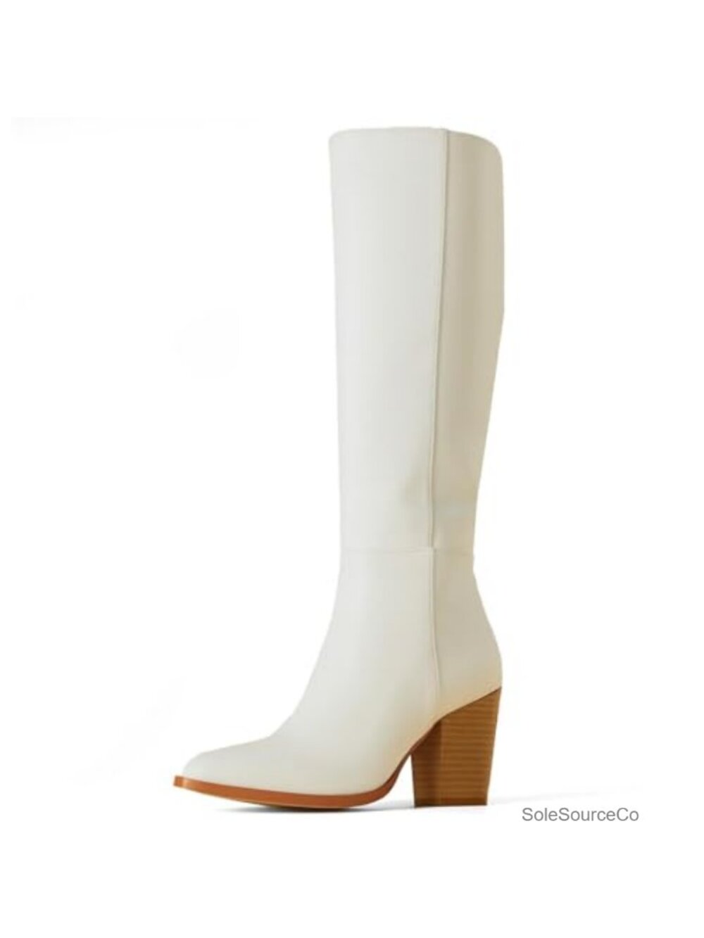 Knee High Boots with Chunky Heel Pointed Toe Faux Leather Side Zip